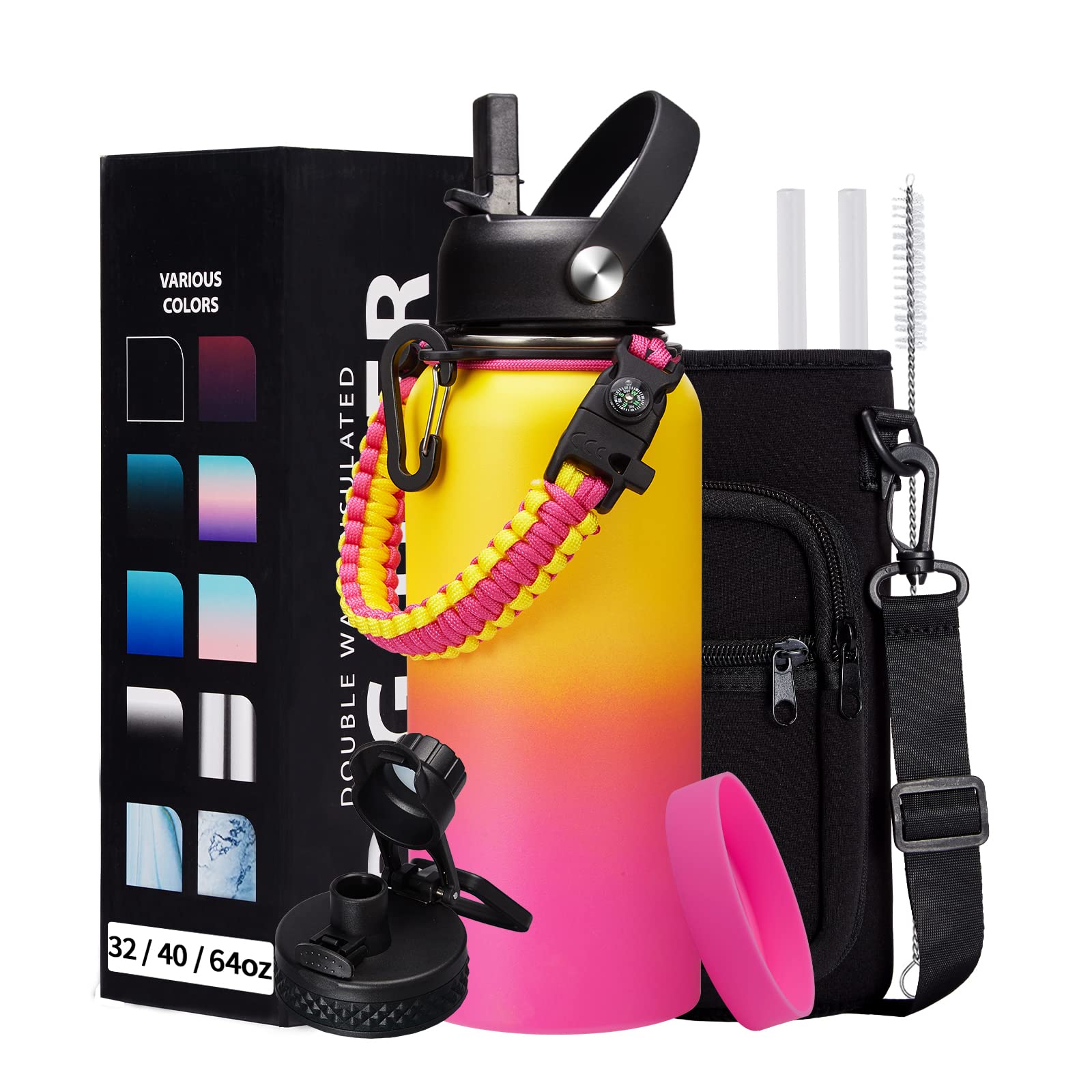 32/40/64oz Insulated Water Bottle with Paracord Handle  Sleeve Carry Strap  Straw Spout Lid  Wide Mouth Metal Canteen Sports Thermo Mug  Leak & Sweat Proof Cold Flask Jug for Camping Traveling